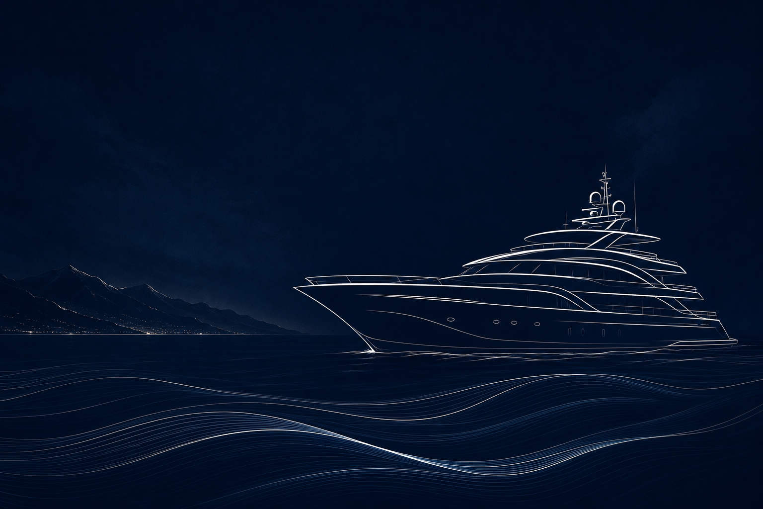 Line-art yacht on deep navy sea